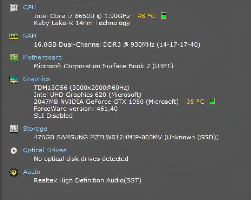 Microsoft Surface Book 2, i7-8650U, 16GB DDR3, 500GB SSD, GTX1050, READ  Lap200