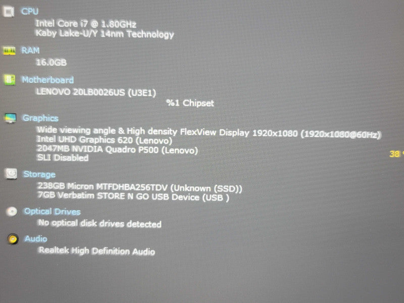 Lenovo ThinkPad P53s i7-8550U 16GB RAM Quadro P500 256GB SSD READ β BudLap