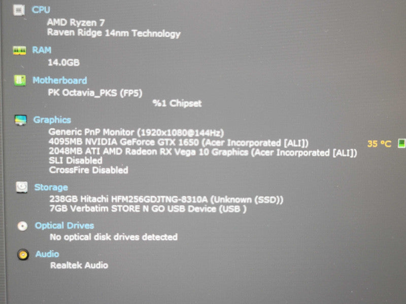 Acer Nitro 5 Ryzen 7 3750H 16GB DDR4 GTX 1650 256GB SSD READ β Lap200