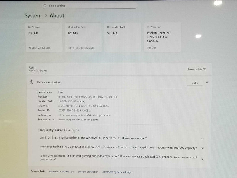 Dell OptiPlex 5270 AiO Touch i5-9500 CPU 3.0GHz, 16GB RAM - 256GB NVMe Read