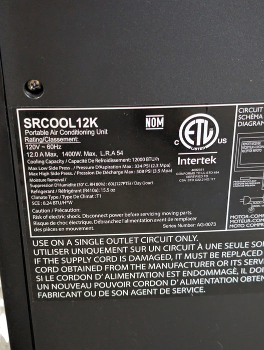 Tripp Lite SRCool12K Portable Air Conditioning Unit - 12000 BTU -