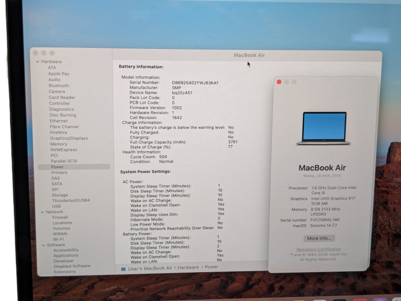 Apple MacBook Air Retina 13 inch 2019 Intel i5-8210Y 8GB RAM 250GB Storage  -