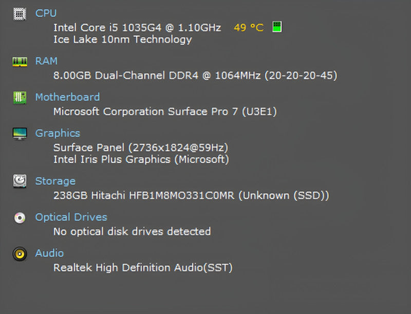 Microsoft Surface Pro 7 1866, i5-1035G4 1.10GHz, 8GB DDR4, 256GB NVMe  Lap200