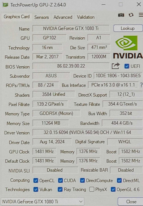 ASUS Nvidia GeForce GTX 1080 Ti 11GB DDR5 Graphics Card TURBO-GTX1080TI-11G