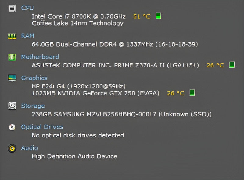 Custom PC, ASUS PRIME Z370-A II, i7-8700K, 64GB DDR4, 256GB NVMe, GTX750