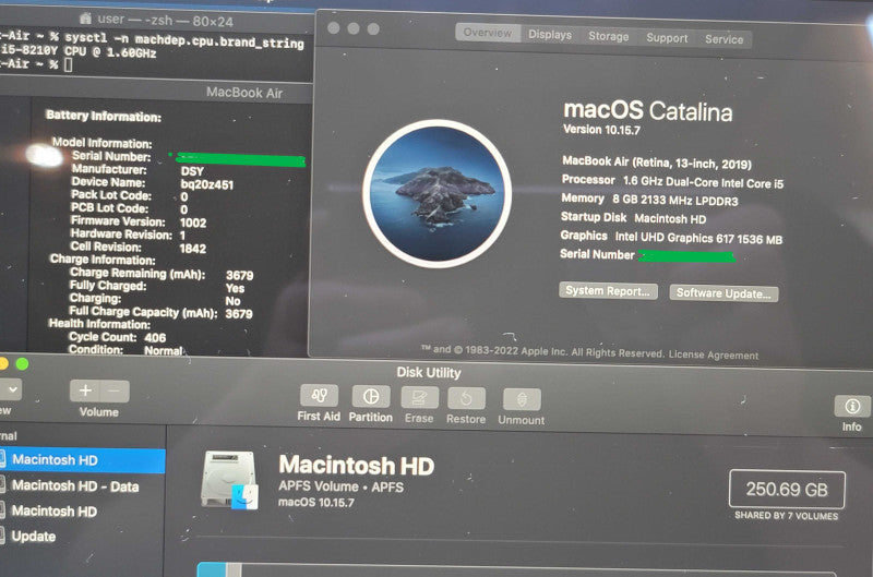 MacBook Air Retina 13" 2018 A1932 i5-8210Y 8GB RAM 250GB SSD  β