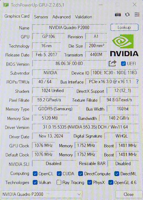 NVIDIA Quadro P2000 5GB GDDR5 Graphics Card 4x DisplayPort