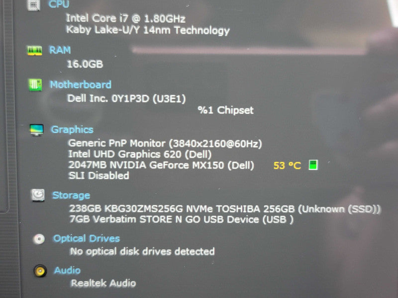 Dell Inspiron 7586 i7-8565U 16GB DDR4 MX150 256GB SSD  β Lap200