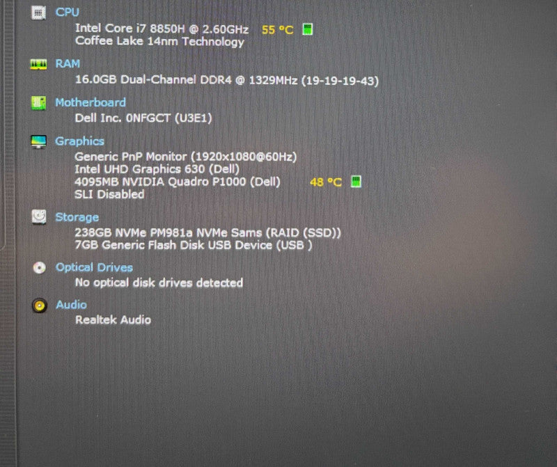 Dell Precision 5530 i7-8850H@2.6GHz QUADRO P1000 4GB GPU 16GB RAM 256GB SSD  Lap200