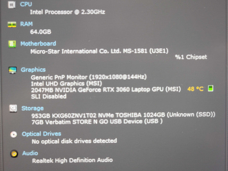 MSI Katana GF66 i7-11800H 64GB DDR4 RTX 3060 1TB NVMe  β Lap200
