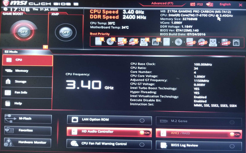 Custom PC w/ MSi Z170A Gaming Pro, i7-6700 CPU 3.40 GHz, 32GB RAM - No HDD