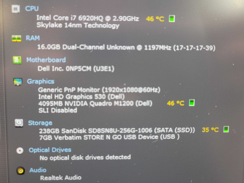 Dell Precision 7520 i7-6920HQ 16GB DDR4 Quadro M1200 256GB SSD  β Lap200