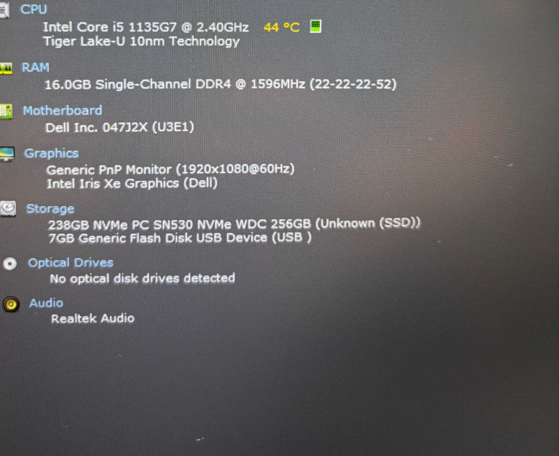 Dell Latitude 5420 Core i5-1135G7@2.4Gz 16GB RAM 256GB SSD No Power Adapter Q Lap200