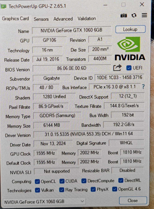 GIGABYTE NVIDIA GeForce GTX1060 6GB Gaming Graphics Card