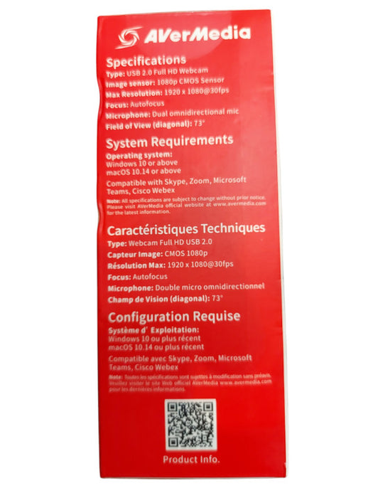 AVerMedia PW310P Webcam Full 1080p 30fps HD Camera With Autofocus