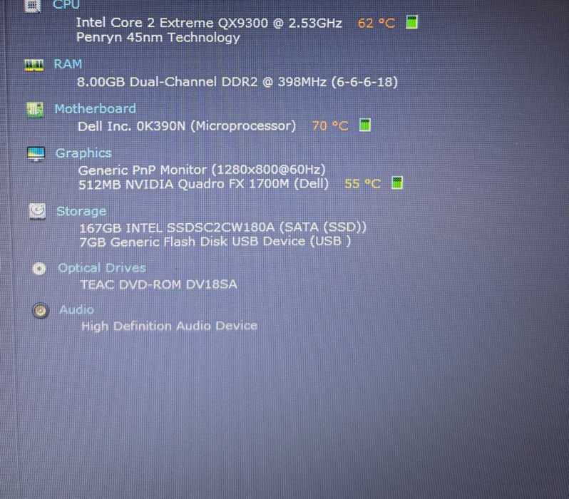 Dell Precision M4400 Core 2 Extreme Q9300 QUADRO FX1700M GPU 8GB RAM 180SSD