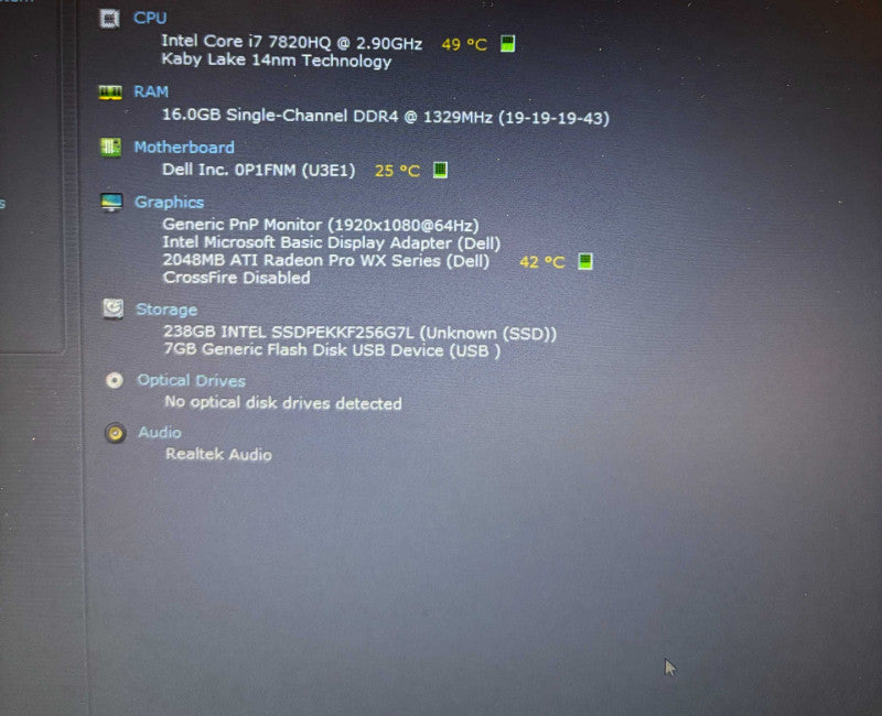 Dell Precision 7520 i7-7820HQ@2.9GHz Radeon Pro WX 2GB GPU 16GB RAM 256SSD