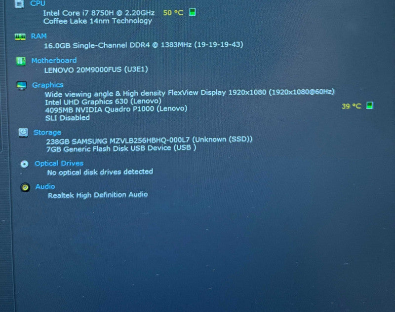 Lenovo ThinkPad P52 8750H@2.2GHz QUADRO P1000 4GB GPU 16GB RAM 256GB SSD  Lap200