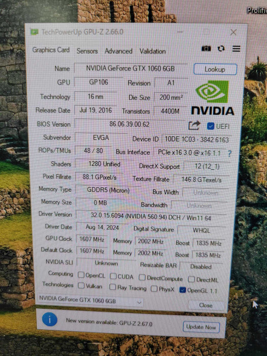 EVGA NVIDIA GTX 1060 SC 6GB PCIE %