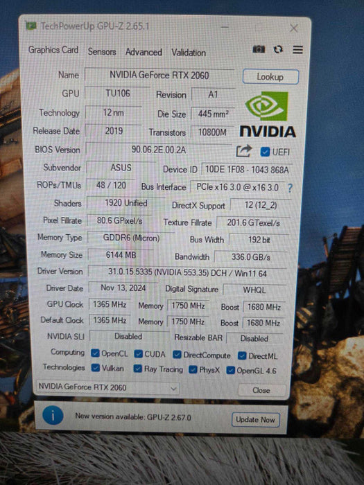 ASUS NVIDIA GeForce RTX 2060 6GB GDDR6 Graphics Card TURBO-RTX2060-6G