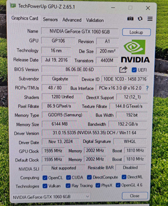 GIGABYTE NVIDIA GeForce GTX1060 6GB Gaming Graphics Card