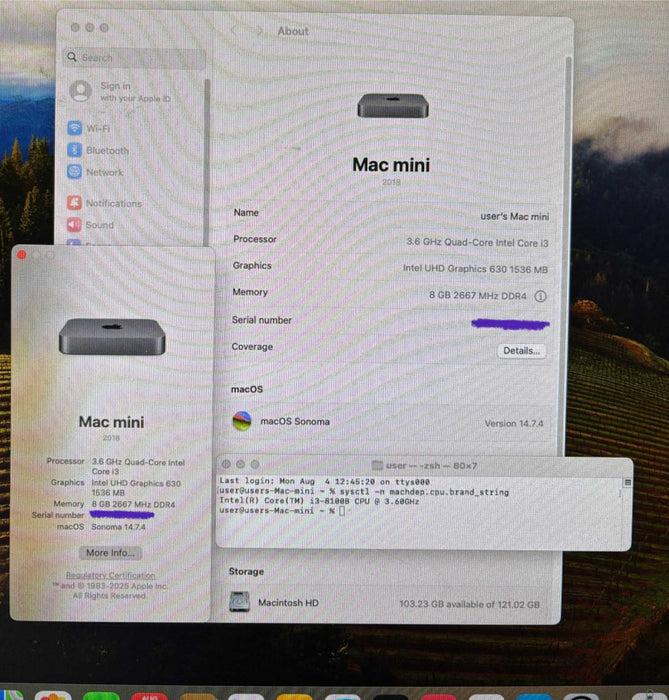 Apple Mac Mini 2018 Core i3-8100B@3.6GHz  8GB RAM 128GB SSD Q