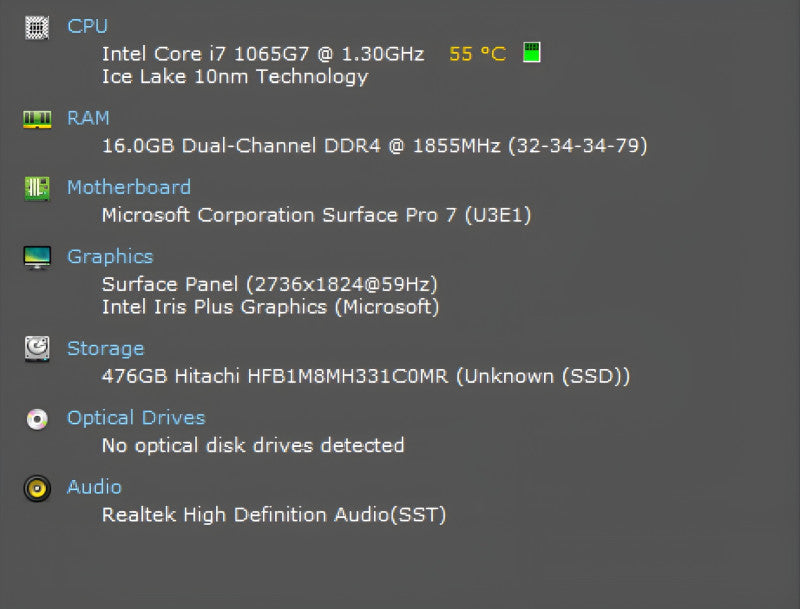 Microsoft Surface Pro 7 1866, i7-1065G7 1.30GHz, 16GB DDR4, 512GB NVMe  Lap200