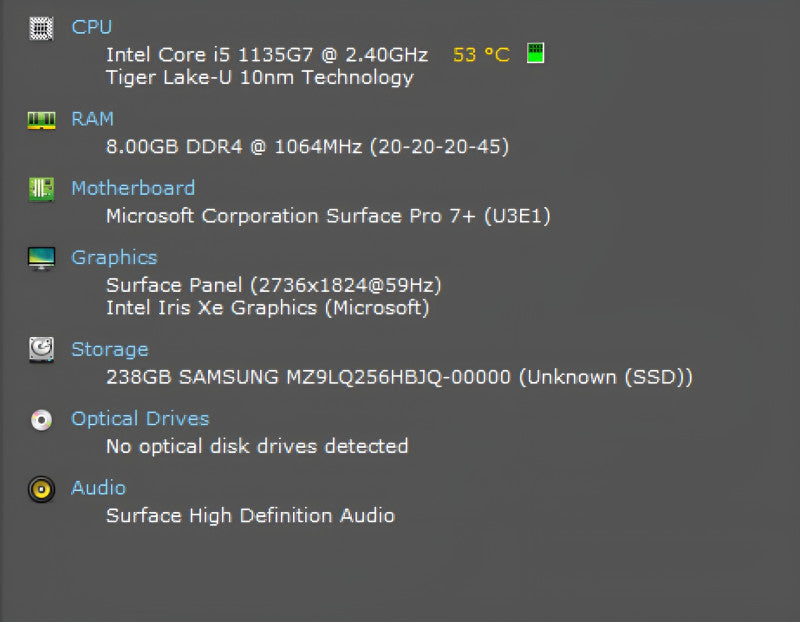Microsoft Surface Pro 7+ 1961, i5-1135G7 2.40GHz, 8GB DDR4, 256GB NVMe  Lap200