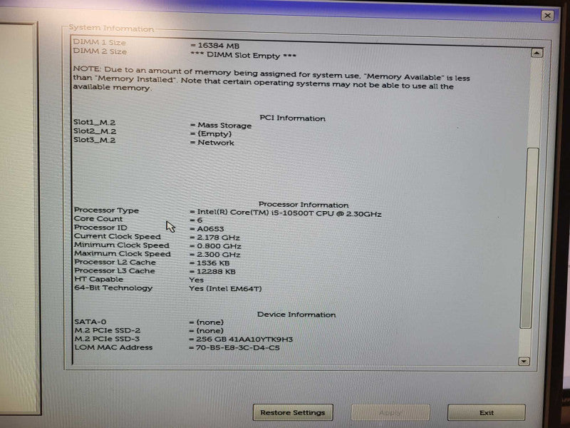 DELL OptiPlex 7080 micro Intel Core i5-10500T 16GB RAM & 256GB NVMe $