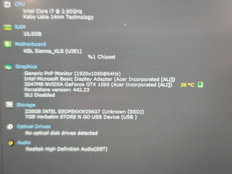 Acer Predator Helios 300 i7- 7700HQ 16GB DDR4 GTX 1060 256GB M.2 READ  β Lap200