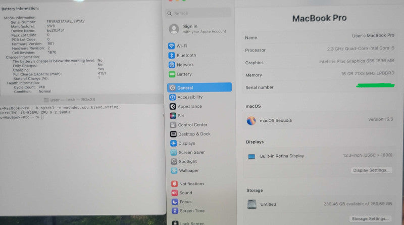 Apple MacBook Pro (A1989) 13" 2018 i5-8259U 16GB RAM 250GB SSD READ β