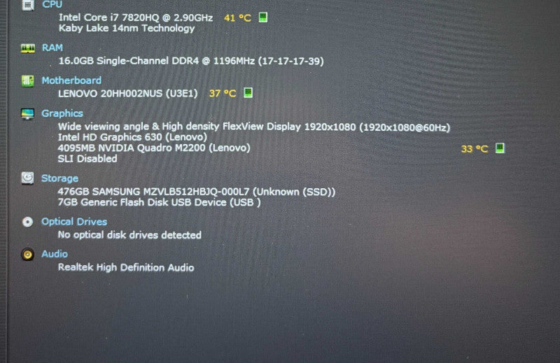 Lenovo ThinkPad P51 i7-7820HQ@2.9Gz QUADRO M2200 4GB GPU 16GB RAM 512GB SSD  Lap200