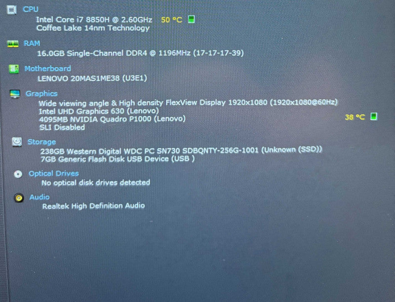Lenovo ThinkPad P52 i7-8850H QUADRO P1000GPU 16GB 256SSD Faulty Webcam READ  Lap200