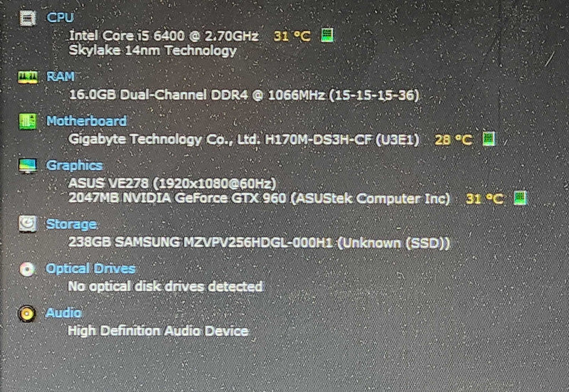 Custom PC, H170M-DS3H-CF, i5-6400 2.70GHz, 16GB DDR4, 256GB NVMe, GTX960