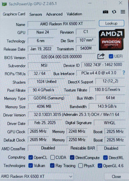MSI Mech Radeon RX 6500 XT 4GB GDDR6 GPU - 1xDP 1xHDMI