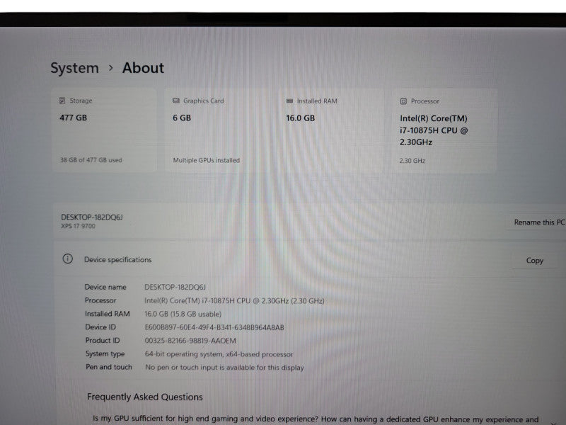 Dell XPS 17 9700 i7-10875H 2.3Ghz 16GB DDR4 256GB SSD RTX 2060 6GB  Lap200