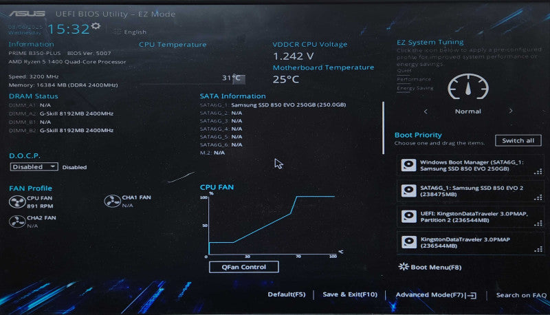 Custom PC, ASUS B350-PLUS, Ryzen 5 1400, 16GB DDR4, 250GB SSD + 256GB NVMe