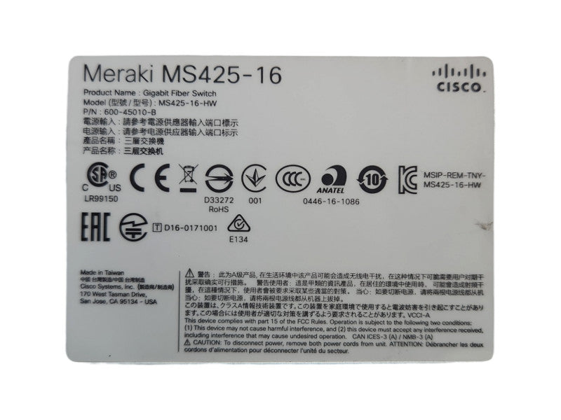 Cisco Meraki MS425-16-HW 16x 10GB SFP+ 2x 40GB QSFP+ Switch, Unclaimed