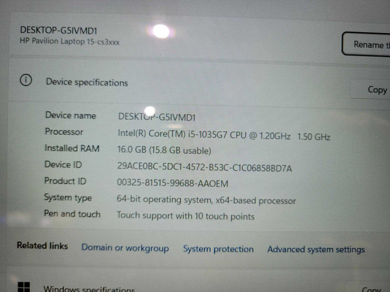 HP Pavilion 15-cs3003ca 15.6" Intel Core i5-1035G7 1.2GHz 16G RAM 256GB SSD  Lap200