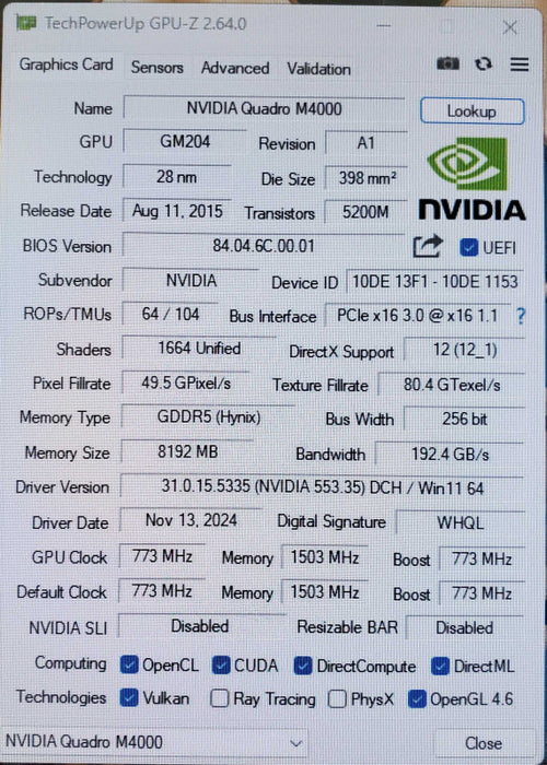 NVIDIA Quadro M4000 8GB GDDR5 Graphics Card 4x Display Port Q