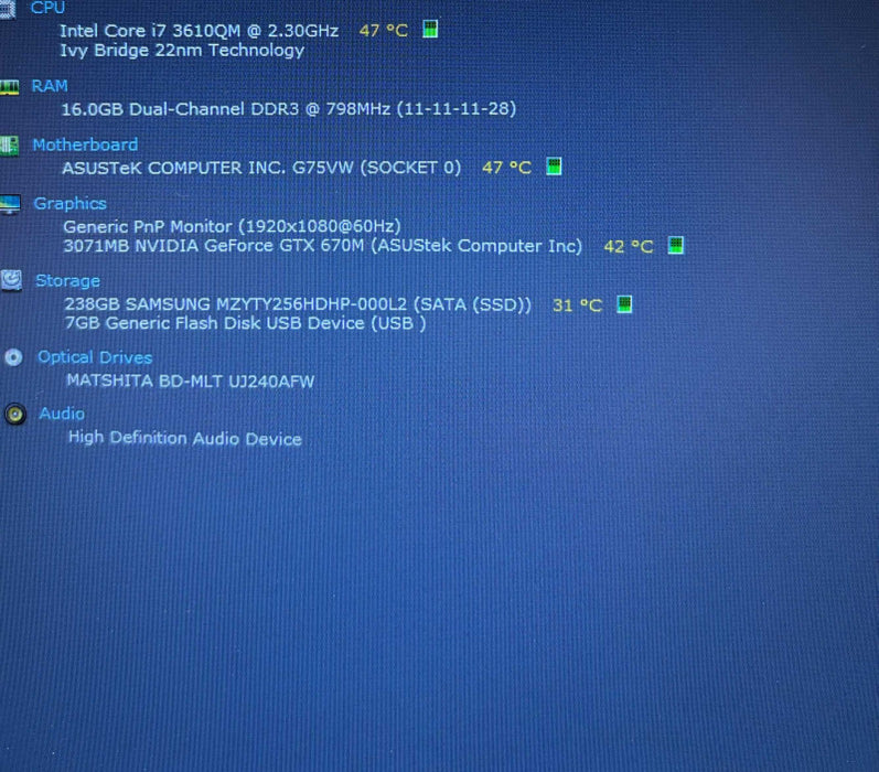 ASUS ROG  G75V i7-3610QM@2.3GHz GTX 670M 3GB GPU 16GB RAM 256GB SSD Q Lap200