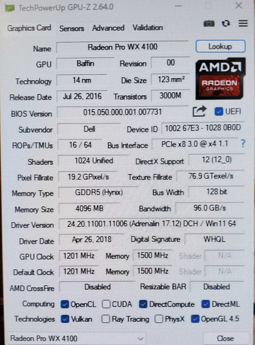 AMD Radeon Pro WX4100 4GB GDDR5 GPU 4xMiniDP