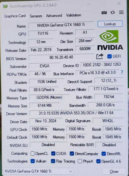 EVGA GeForce GTX 1660 Ti 6GB GDDR6 Graphics Card - 1xDP 1xDVI 1xHDMI