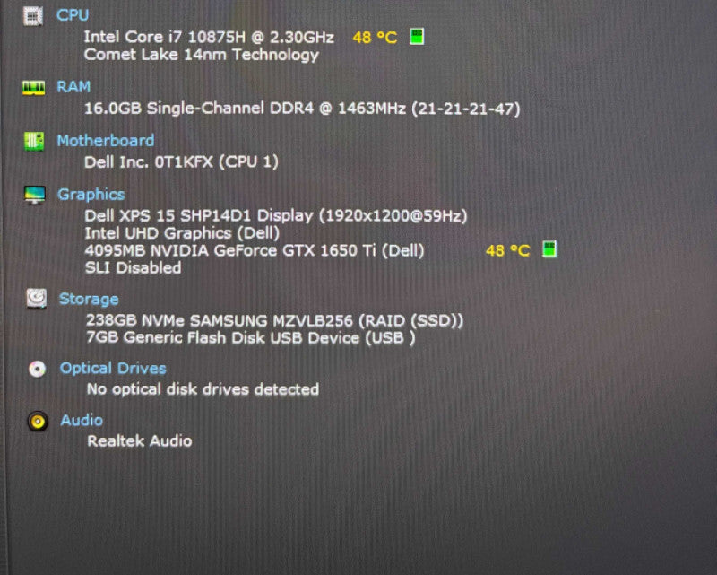 Dell XPS 15 9500 i7-10850H GTX 1650 GPU 16GB RAM 256GB SSD No Power Adapter  Lap200