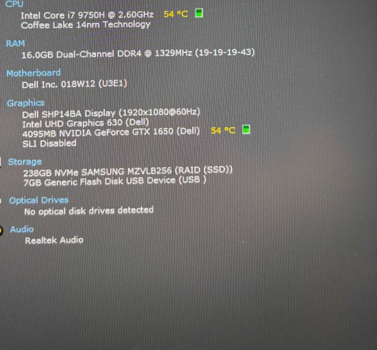 Dell XPS 7590 i7-9750H@2.6GHz GTX 1650 4GB GPU 16GB RAM 256GB SSD  Lap200