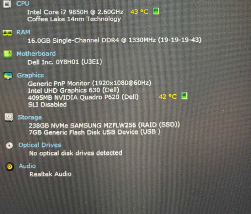 Dell Precision 3541 i7-9850H@2.6GHz QUADRO P620 4GB GPU 16GB RAM 256GB SSD  Lap200