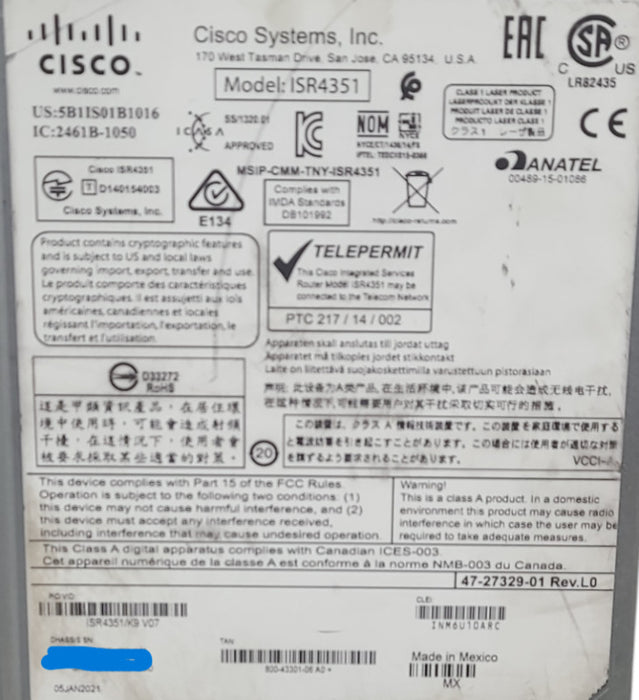 Cisco ISR4351/K9 V07 Gigabit Integrated Router *NOT AFFECTED* *NO PSU*