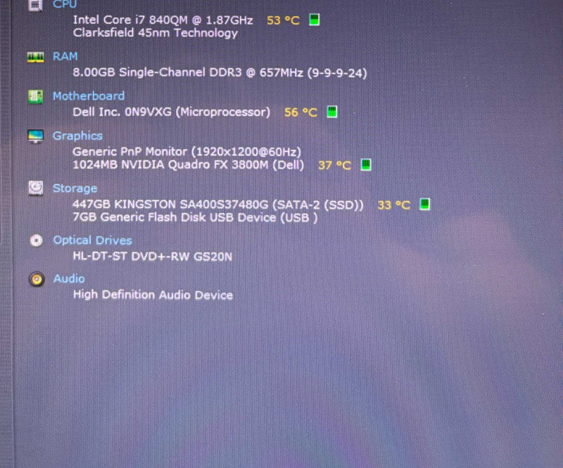 Dell Precision M6500 i7-Q840 NVIDIA QUADRO FX 3800 GPU 8GB RAM 480GB SSD