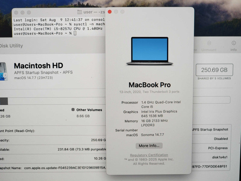 Apple Macbook Pro 2020 13" 4-Core i5-8257U @ 1.4GHz 16GB DDR3 250GB SSD