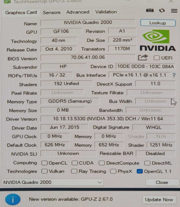 NVIDIA QUADRO 2000 1GB GDDR5 Graphics Card - 2x DP 1x DVI